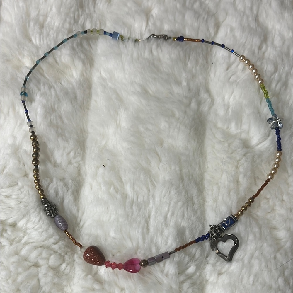 Multicolor Beaded Necklace with Heart Charm - Picture 3 of 4